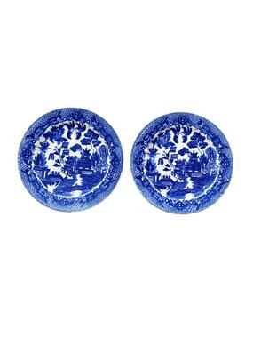 Blue Willow SM Plates (2) 6.5” Made in Japan Blue & WHITE Transferware Farmhouse